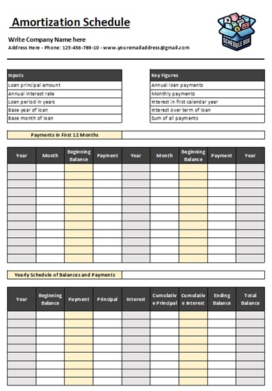 Yearly amortization schedule template summarising payments by year