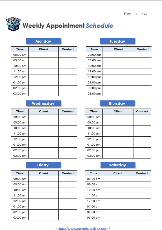 Weekly appointment schedule template with time slots and client name columns