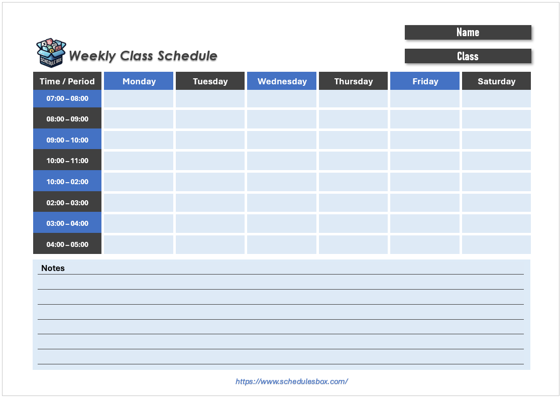 Weekly class schedule template with subject periods across a school week