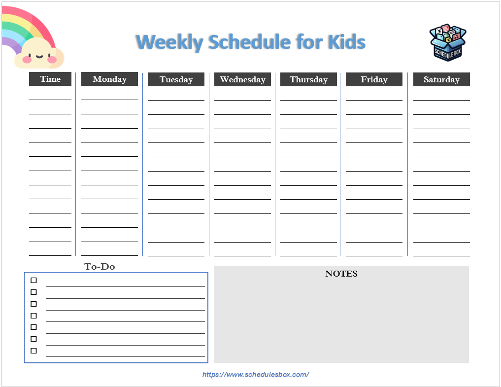 Weekly schedule template for kids with large activity blocks for each day
