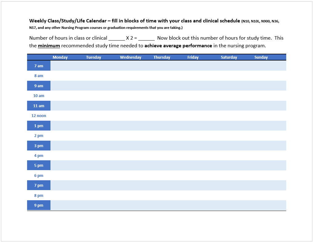 Blank weekly schedule template with seven day columns and time rows